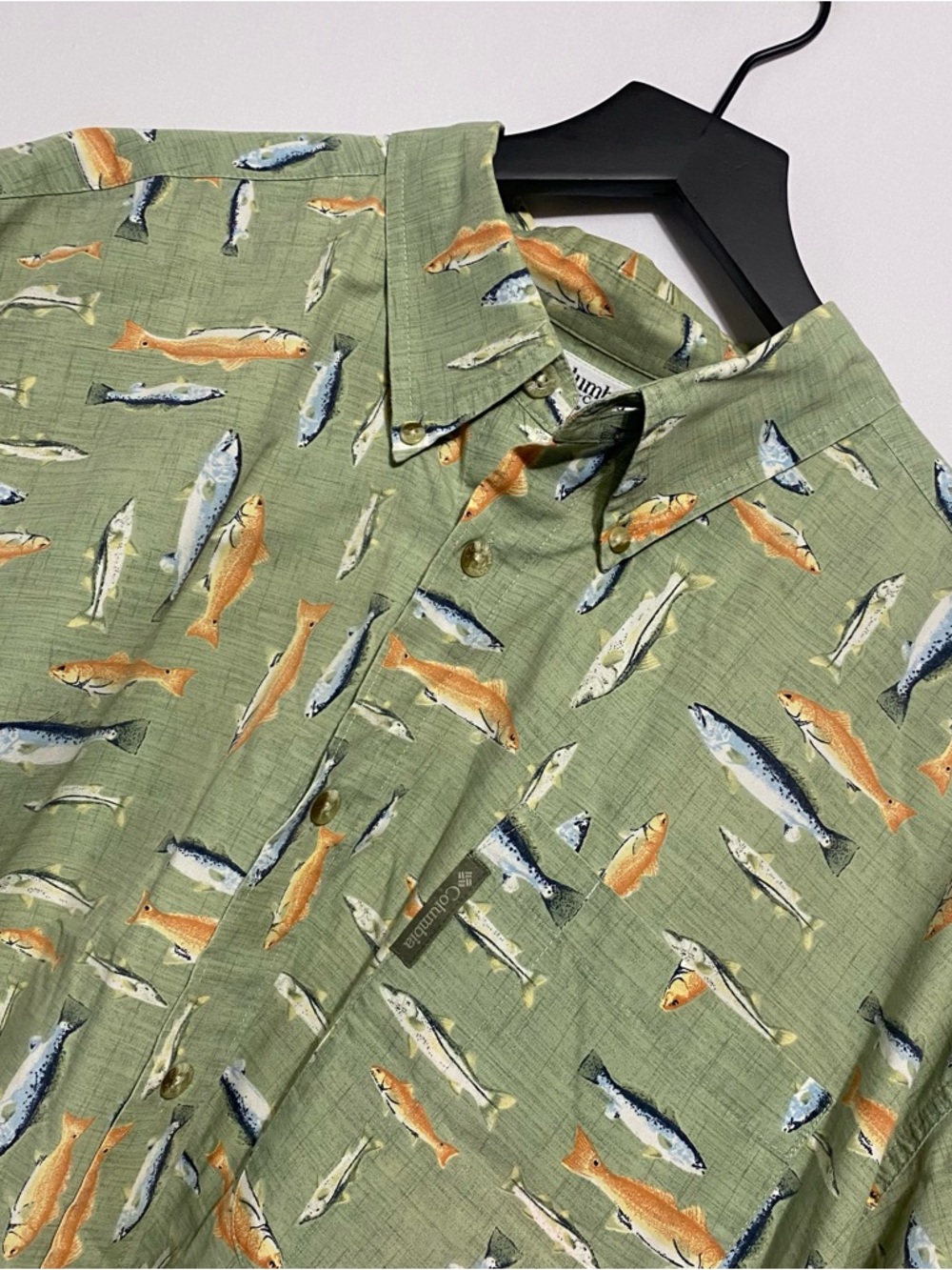 Columbia Camp Shirt Men 2XL Green Fish Print Outdoor Camping Vacation